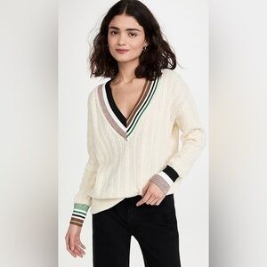 Veronica Beard Cream V-Neck Sweater with Striped Trim